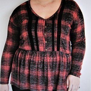 MAURICES Plus Size 4x Plaid Henley Peplum Top
